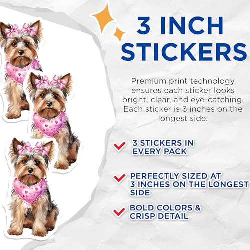 (3 Pack) Yorkie Dog Decals - Cute Puppy with Bows - Heart Scarf Decal - 3 Inches On Longest Side - Easy Peel & Apply - Made in USA - 3MCS2395