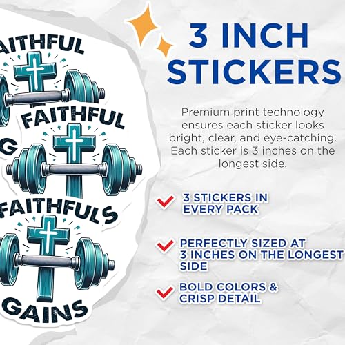 (3 Pack) Faithful Gains Decals - Christian Gym - Fitness Motivation Decals - 3 Inches On Longest Side - Easy Peel & Apply - Made in USA - 3MCS8415