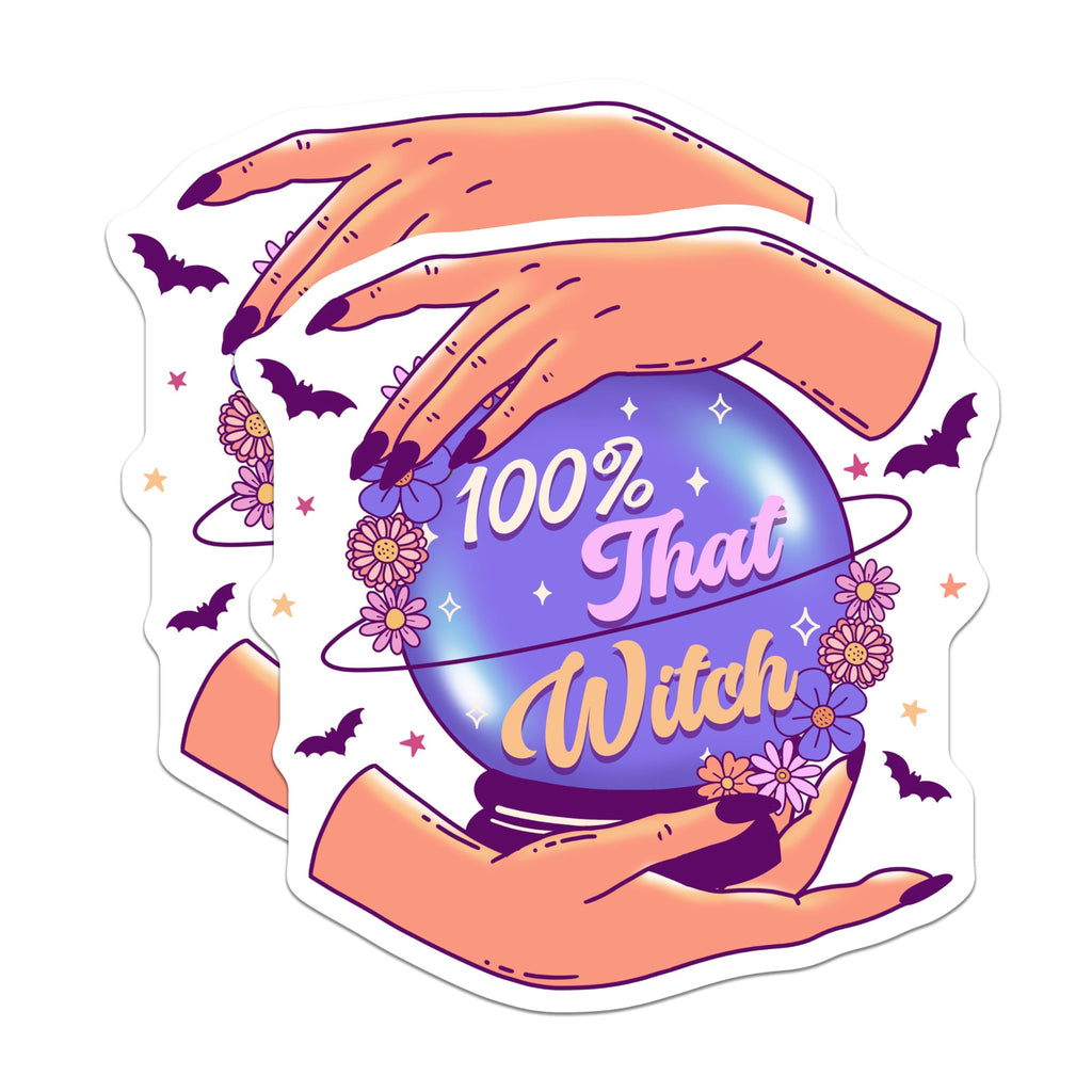 (2 Pack) 100 Percent That Witch Stickers - Halloween Witch - Spooky Aesthetic - Witchy Vibes - 5" On Longest Side - Sticks to Smooth Flat Surfaces - Made in USA - BMCS5849