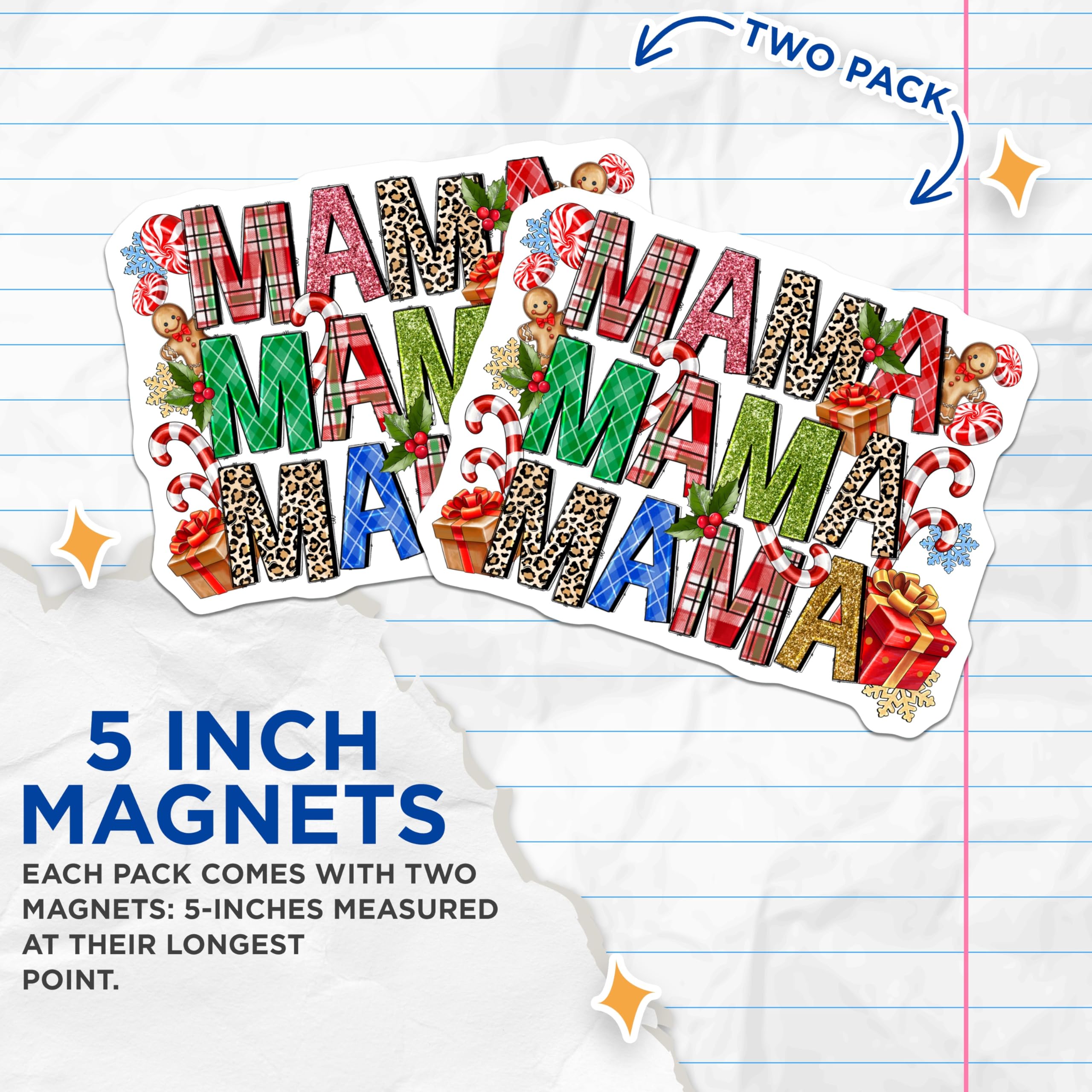 (2 Pack) Christmas Mama Magnets - Holiday Mom Decor - Festive Leopard Plaid Kitchen Art - 5 Inches On Longest Side - Thick Durable Magnet - Made in USA - MAG26229