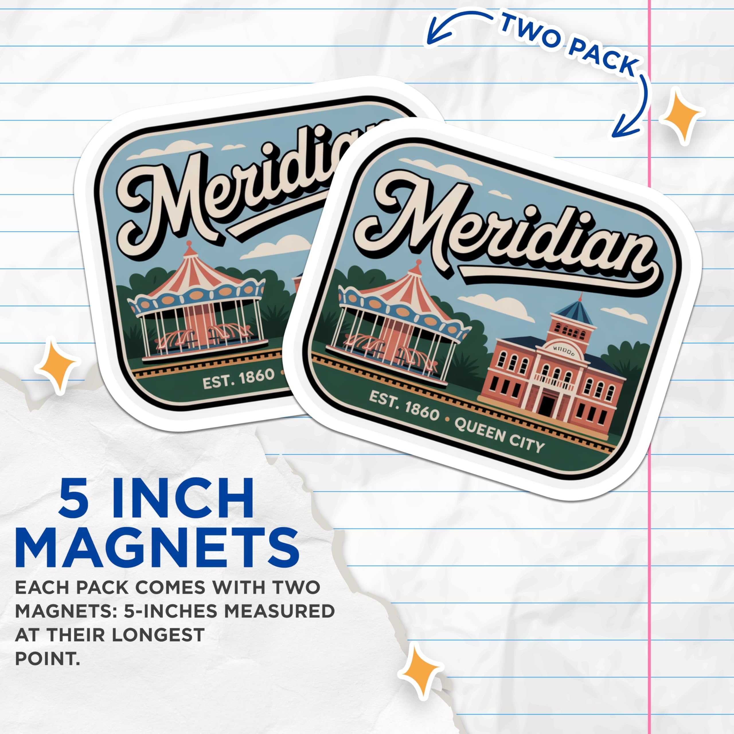 (2 Pack) Meridian Mississippi Magnets - Queen City USA - Established 1860-5" On Longest Side - Premium Magnet - for Cars, Refrigerators, Toolboxes, Lockers - Made in USA - MAG17835