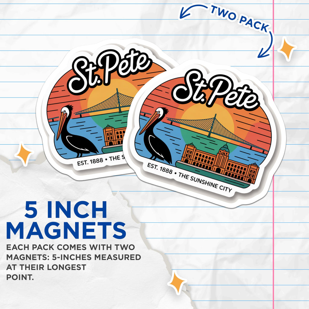 (2 Pack) St Pete Florida Magnets - Sunshine City Pelican Scene - Iconic Bridge Landmark Decor - Travel Souvenirs - 5 Inches On Longest Side - Thick Durable Magnet - Made in USA - MAG19150