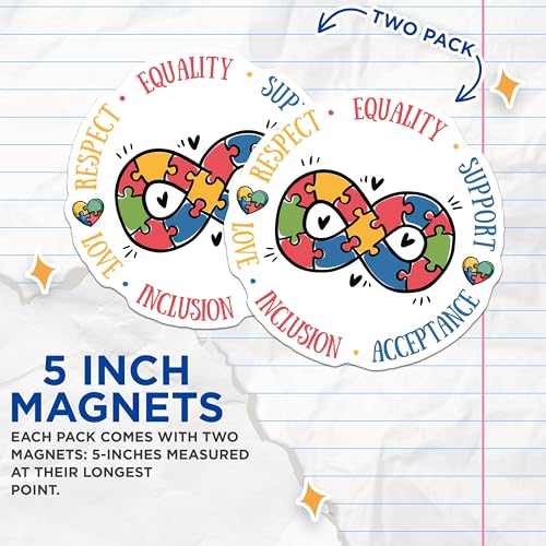 (2 Pack) Autism Awareness Magnets Magnets - Respect Equality - Support Acceptance Love Inclusion - 5" On Longest Side - Made in USA - Sticks to Refrigerators & Metal Surfaces - MAG8422