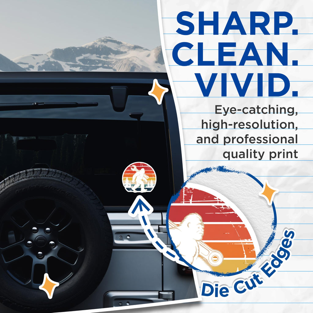 (2 Pack) Bigfoot Mechanic Stickers - Sasquatch Wrench Decals - Retro Sunset Outdoorsman - 5" On Longest Side - Sticks to Smooth Flat Surfaces - Made in USA - BMCS20416