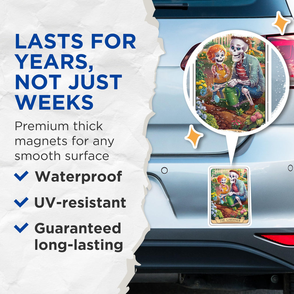 (2 Pack) The Gardener Magnets - Skeleton Art - Gardening - Colorful Skeletons - Garden Scene Magnets - Unique Skeleton - 5" On Longest Side - for Cars, Fridges, Toolboxes - Made in USA - MAG4460