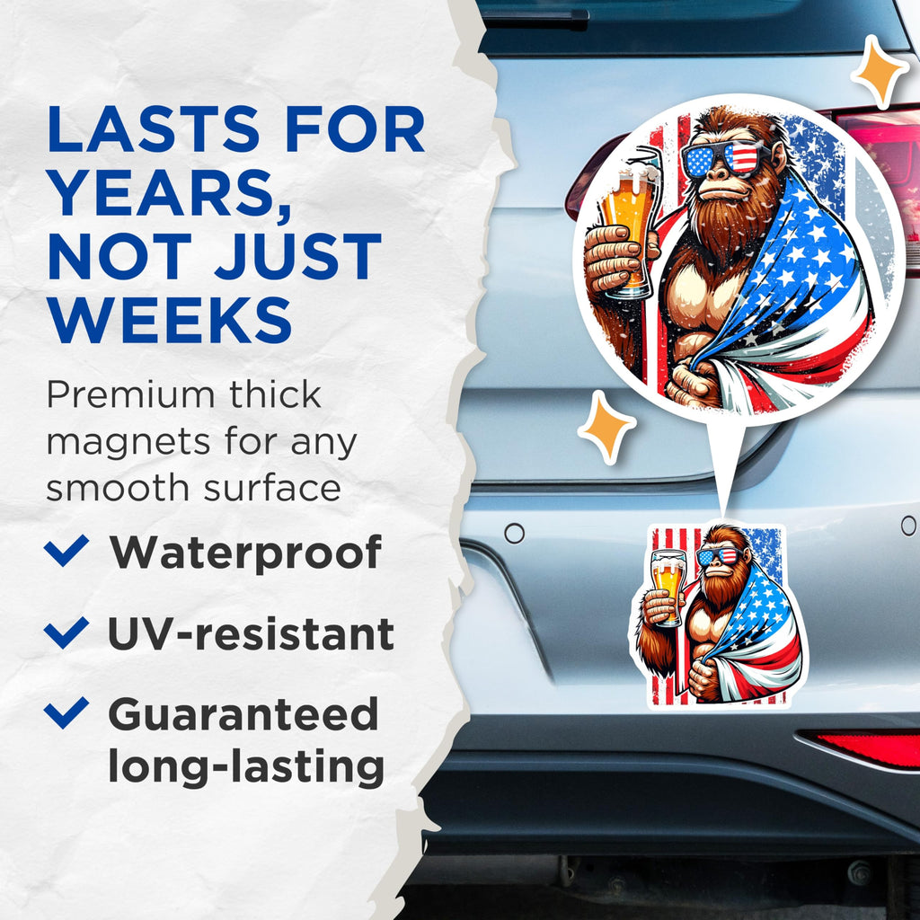 (2 Pack) Bigfoot Magnets - American Flag Sasquatch Beer Decor - Patriotic Cryptozoology Refrigerator Art - 5 Inches On Longest Side - Thick Durable Magnet - Made in USA - MAG21287