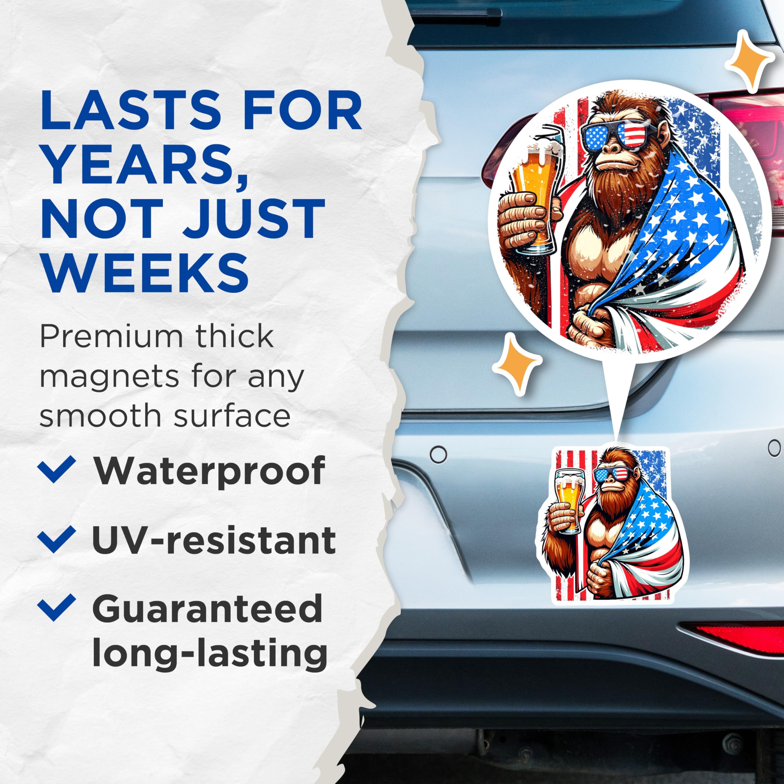 (2 Pack) Bigfoot Magnets - American Flag Sasquatch Beer Decor - Patriotic Cryptozoology Refrigerator Art - 5 Inches On Longest Side - Thick Durable Magnet - Made in USA - MAG21287