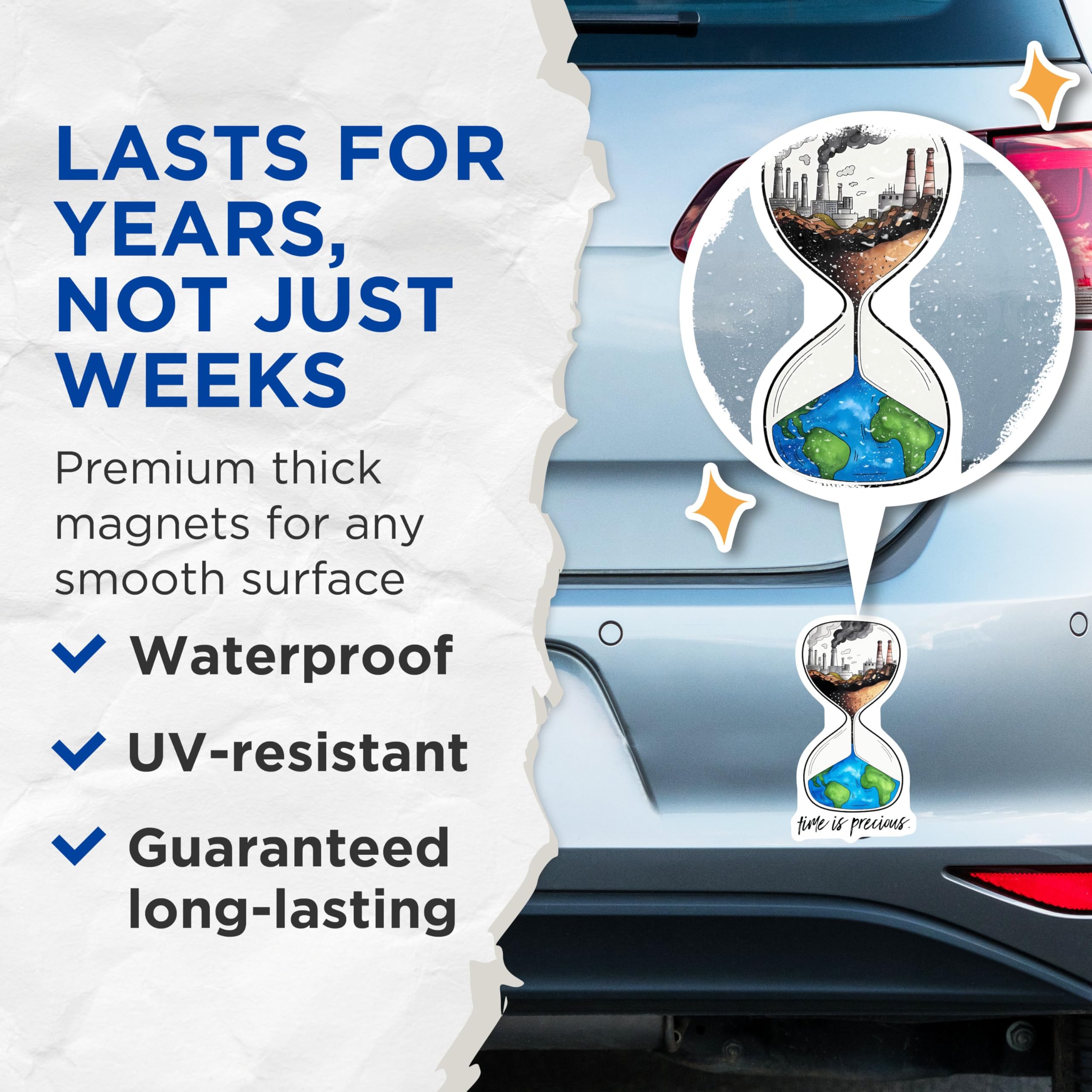 (2 Pack) Time is Precious Magnets - Climate Change Awareness - Global Warming Reminder - 5" On Longest Side - for Cars, Fridges, Toolboxes - Made in USA - MAG7692