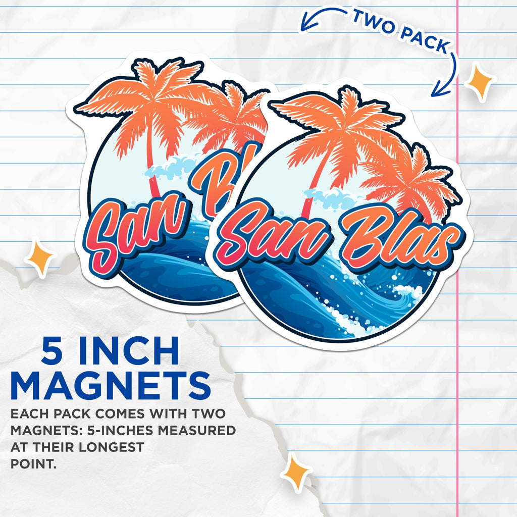 (2 Pack) San Blas Magnets - Tropical Island Decor - Palm Tree Beach Waves - 5 Inches On Longest Side - Thick Durable Magnet - Made in USA - MAG19396