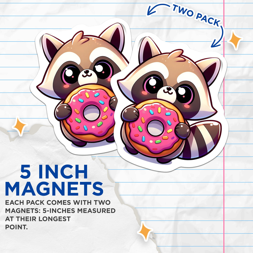 (2 Pack) Kawaii Raccoon Donut Magnets - Cute Animal Fridge Decor - Sweet Treat Locker Item - 5 Inches On Longest Side - Thick Durable Magnet - Made in USA - MAG37219