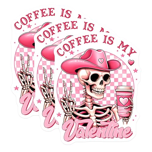 (3 Pack) Coffee is My Valentine Decals - Pink Skeleton Cowboy - Laptop Decal - 3 Inches On Longest Side - Easy Peel & Apply - Made in USA - 3MCS8527
