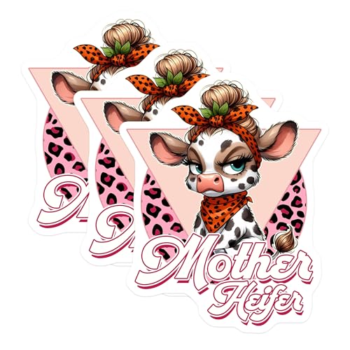 (3 Pack) Mother Heifer Decals - Cow with Bandana - Funny Cow Decals - 3 Inches On Longest Side - Easy Peel & Apply - Made in USA - 3MCS2551