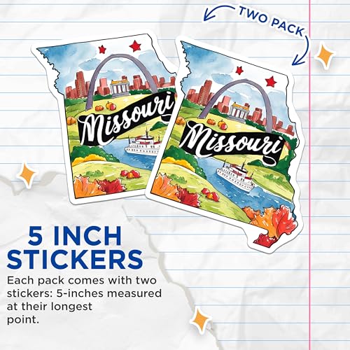 (2 Pack) Missouri State Stickers - Travel Souvenir - USA Map Stickers for Laptop - 5" On Longest Side - Sticks to Smooth Flat Surfaces - Made in USA - BMCS6269