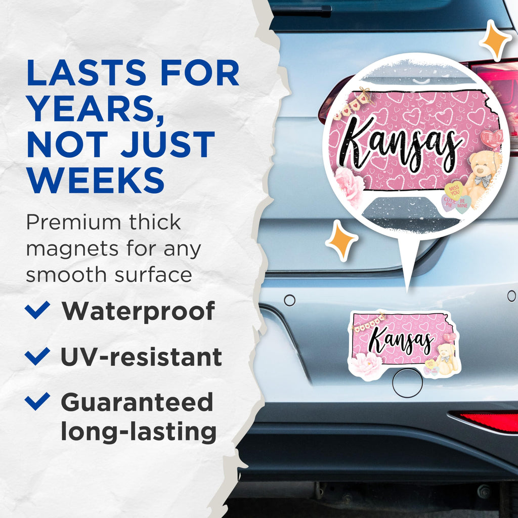 (2 Pack) Kansas Magnets - Valentine's Day - Teddy Bear Magnet - State Pride - 5" On Longest Side - Premium Magnet - for Cars, Refrigerators, Toolboxes, Lockers - Made in USA - MAG17811