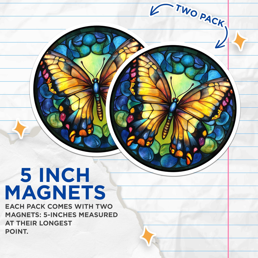 (2 Pack) Stained Glass Butterfly Magnets - Vibrant Nature Art Decor - Whimsical Fridge Locker Home Accent - 5 Inches On Longest Side - Thick Durable Magnet - Made in USA - MAG28271