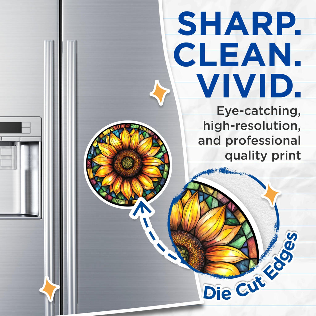 (2 Pack) Sunflower Stained Glass Magnets - Vibrant Mosaic Art - Bohemian Kitchen Decor - 5 Inches On Longest Side - Thick Durable Magnet - Made in USA - MAG29052