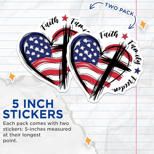 (2 Pack) Faith Family Freedom Stickers - American Flag Heart - Patriotic Cross - 5" On Longest Side - Sticks to Smooth Flat Surfaces - Made in USA - BMCS8375