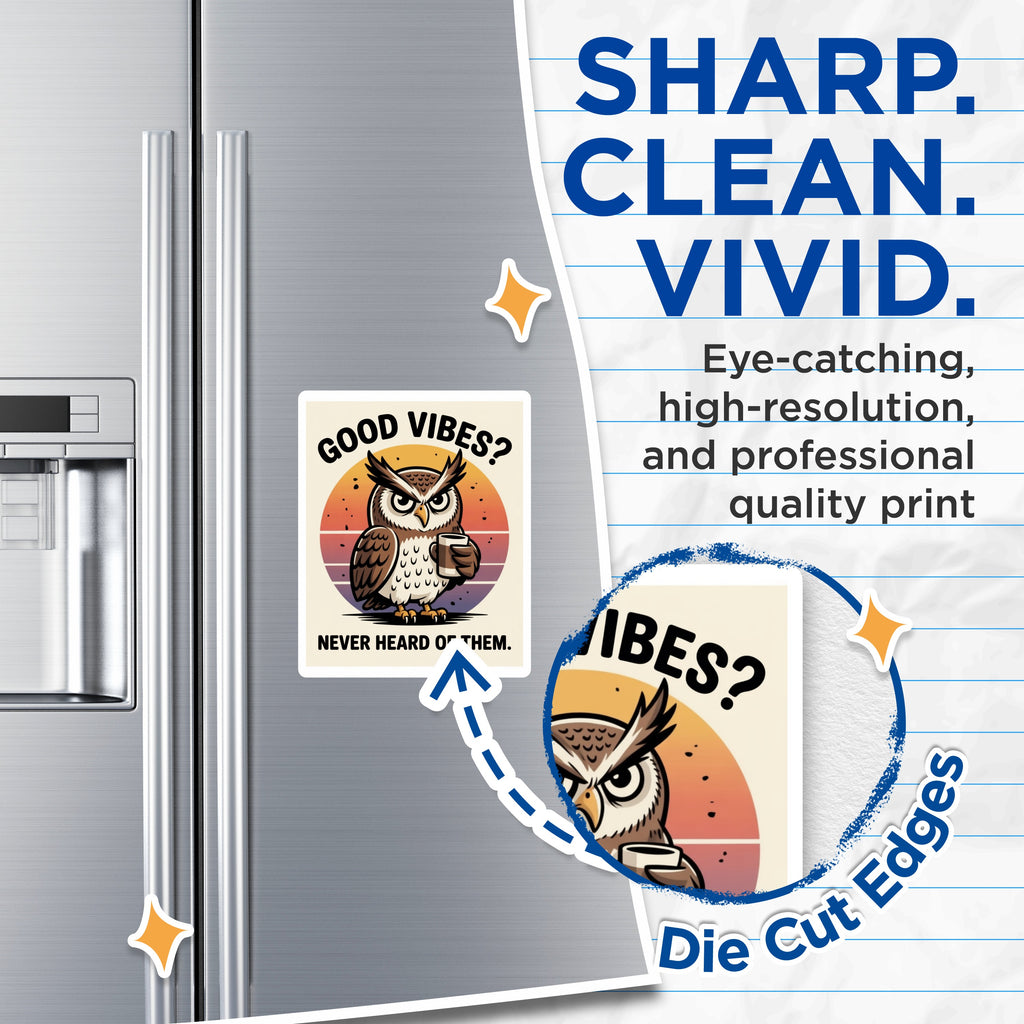 (2 Pack) Sarcastic Owl Magnets - Good Vibes Humor - Coffee Lover Decor - Funny Fridge Accessory - Quirky Kitchen Art - 5 Inches On Longest Side - Thick Durable Magnet - Made in USA - MAG36746