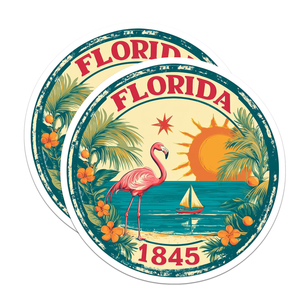 (2 Pack) Florida State Seal Magnets - Flamingo Art - Retro Travel Magnets - 5" On Longest Side - Premium Magnet - for Cars, Refrigerators, Toolboxes, Lockers - Made in USA - MAG15976
