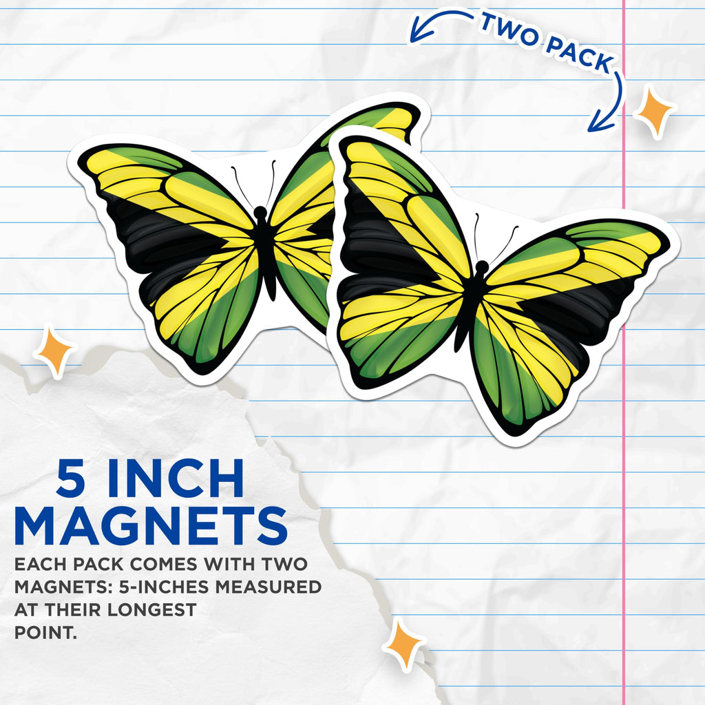 (2 Pack) Jamaica Flag Butterfly Magnets - Jamaican Pride Souvenir - Island Decor - 5" On Longest Side - Premium Magnet - for Cars, Refrigerators, Toolboxes, Lockers - Made in USA - MAG18081