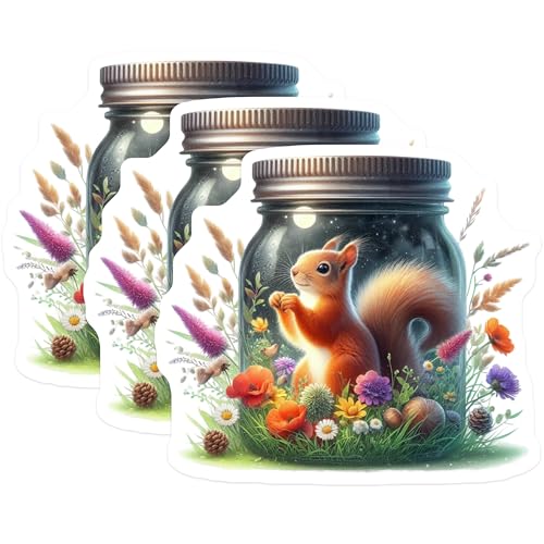(3 Pack) Squirrel Decals - Jar with Flowers - Laptop Decal - Unique Design - 3 Inches On Longest Side - Easy Peel & Apply - Made in USA - 3MCS8129