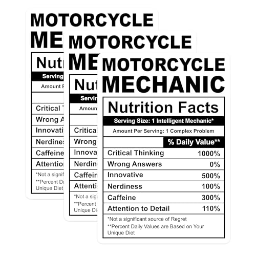 (3 Pack) Motorcycle Mechanic Decals - Funny Nutrition Facts - Laptop Decals - 3 Inches On Longest Side - Easy Peel & Apply - Made in USA - 3MCS2914