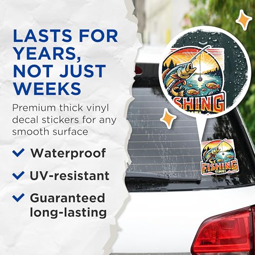 (2 Pack) Fishing Time Stickers - Outdoor Adventure Stickers - Fish Design Stickers - Outdoor Enthusiast Stickers - 5" On Longest Side - Sticks to Any Smooth Flat Surface - Made in USA - BMCS2616
