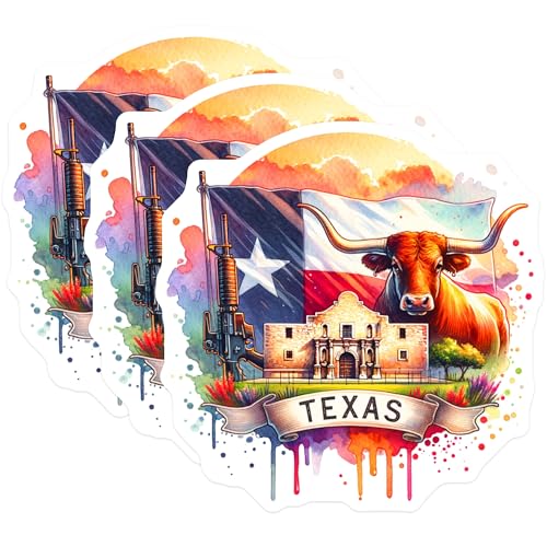 (3 Pack) Texas Pride Decals - Longhorn - Alamo - Lone Star State- 3 Inches On Longest Side - Easy Peel & Apply - Made in USA - 3MCS5672