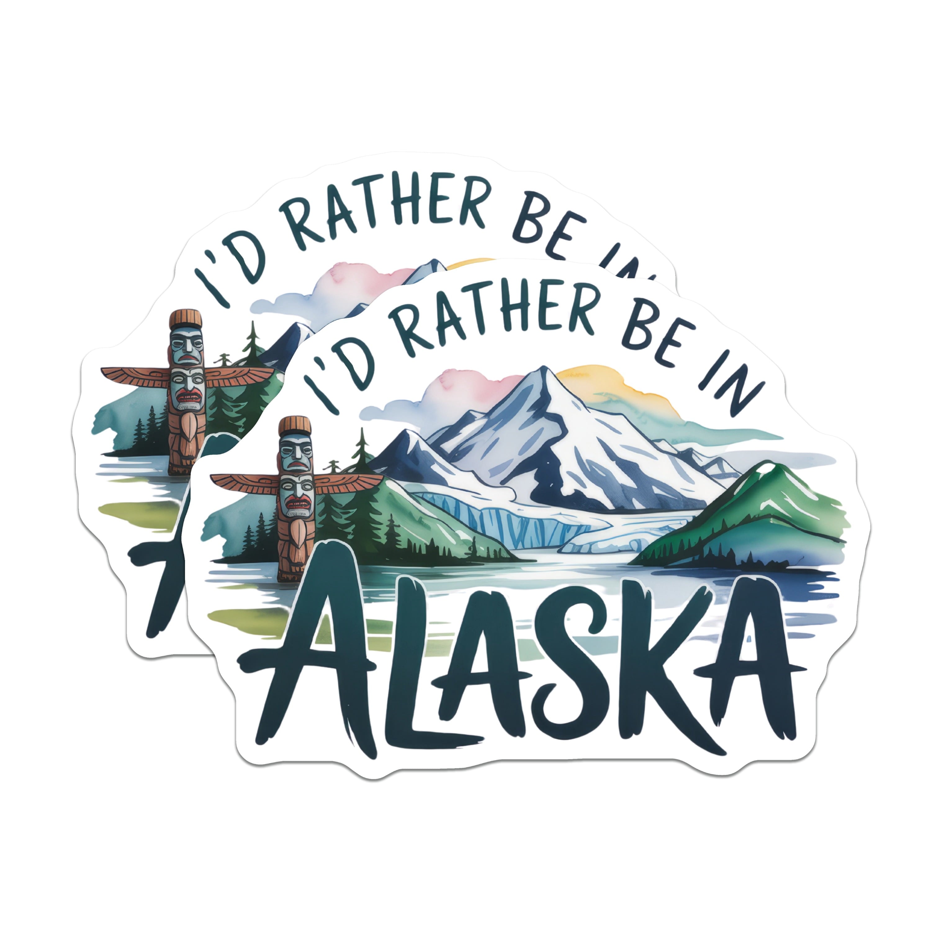 (2 Pack) I'd Rather Be In Alaska Stickers - Alaska Totem Pole - Alaska Vacation - 5" On Longest Side - Sticks to Smooth Flat Surfaces - Made in USA - BMCS17936