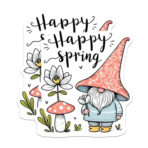 (2 Pack) Happy Spring Gnome Stickers - Cute Spring DÃƒÆ’Ã†â€™Ã‚Â©cor - Fun Garden Gnomes - 5" On Longest Side - Sticks to Smooth Flat Surfaces - Made in USA - BMCS7997