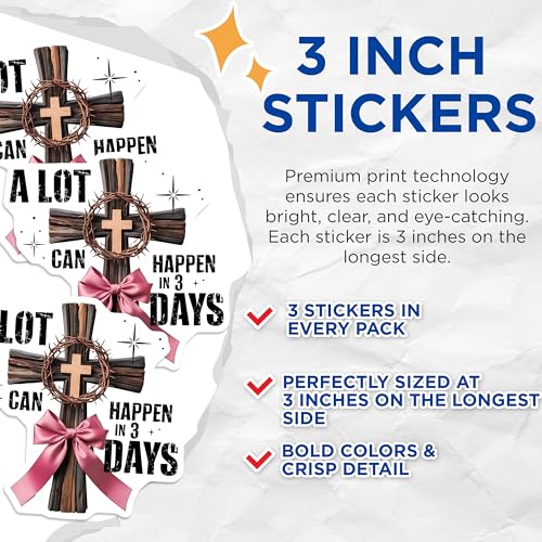 (3 Pack) A Lot Can Happen in 3 Days Decals - Religious Cross Laptop Decals - Easter Sticker - 3 Inches On Longest Side - Easy Peel & Apply - Made in USA - 3MCS8697
