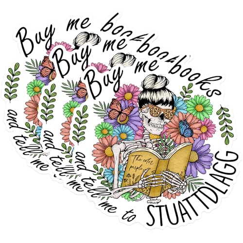 (3 Pack) Buy Me Books Decals - Skeleton Reader Stickers - Laptop Decal - 3 Inches On Longest Side - Easy Peel & Apply - Made in USA - 3MCS1663