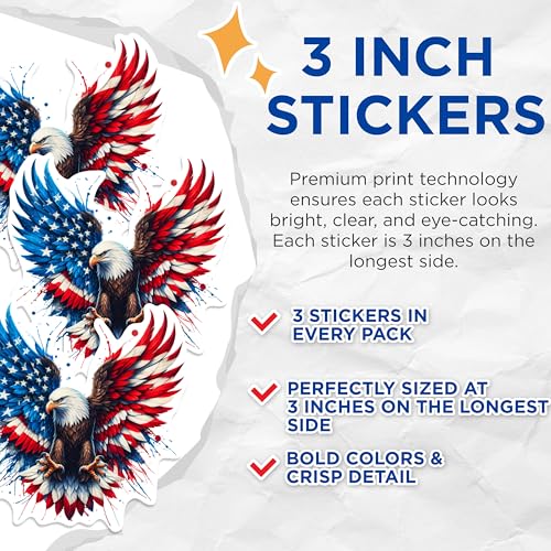 (3 Pack) Patriotic Eagle Decals - American Flag Eagle - USA Pride Decals - 3 Inches On Longest Side - Easy Peel & Apply - Made in USA - 3MCS0285