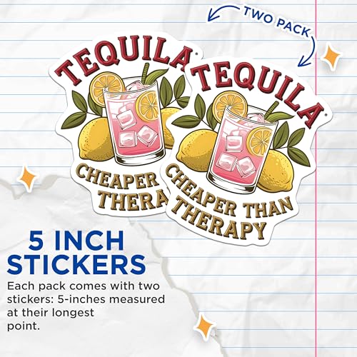 (2 Pack) Tequila Cheaper Than Therapy Stickers - Funny Alcohol Decal - Humorous Drink Lover Sticker - 5" On Longest Side - Sticks to Smooth Flat Surfaces - Made in USA - BMCS6845