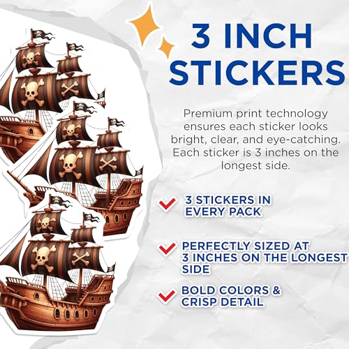 (3 Pack) Pirate Ship Decals - Skull and Crossbones - Laptop Decal- 3 Inches On Longest Side - Easy Peel & Apply - Made in USA - 3MCS5374