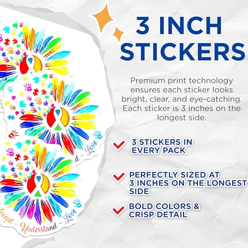 (3 Pack) Autism Awareness Decals - Puzzle Piece Flower - Accept Understand Love Decals - 3 Inches On Longest Side - Easy Peel & Apply - Made in USA - 3MCS2128