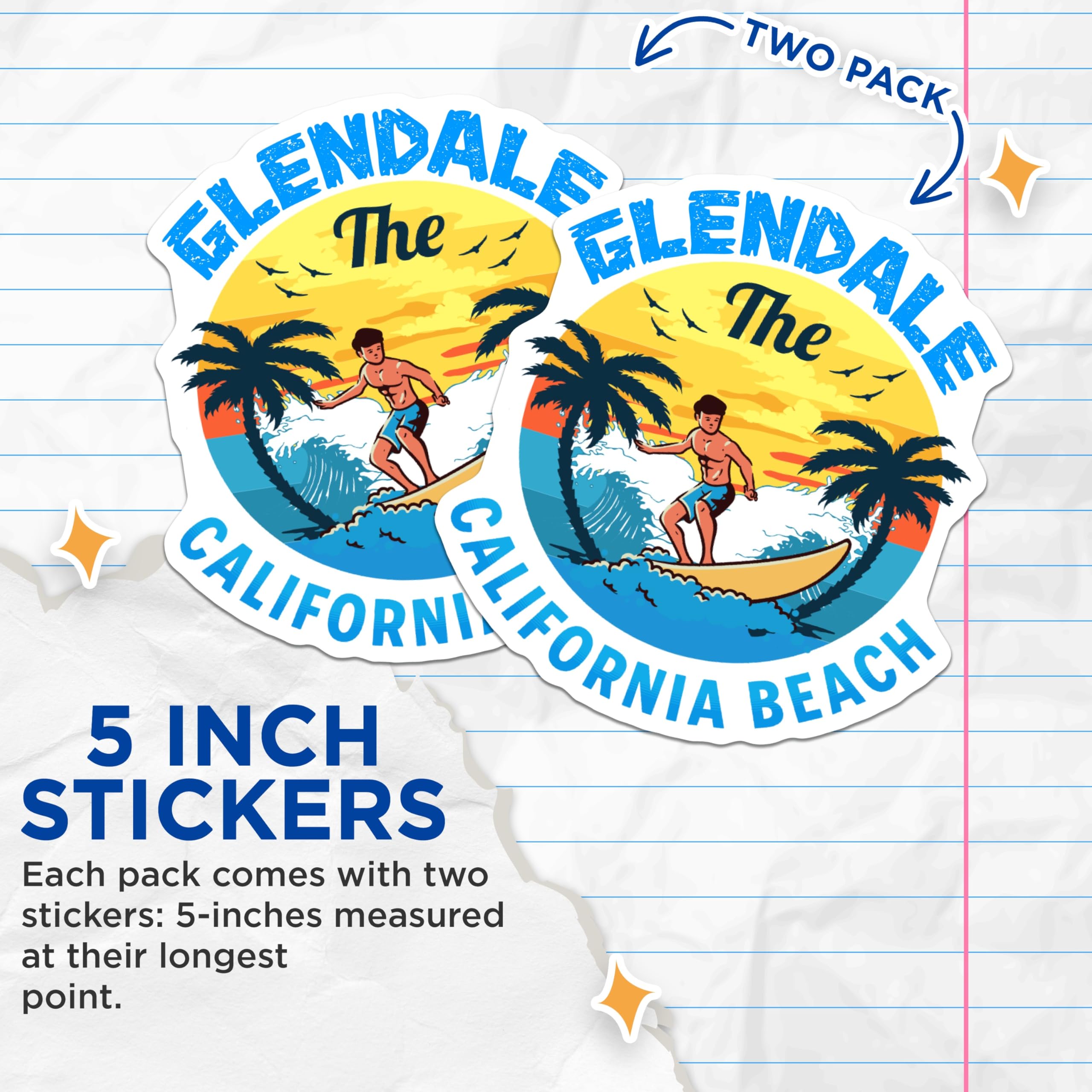 (2 Pack) Glendale California Stickers - Beach Surfer Decals - Sunset Palm Tree Art - 5" On Longest Side - Sticks to Smooth Flat Surfaces - Made in USA - BMCS18074