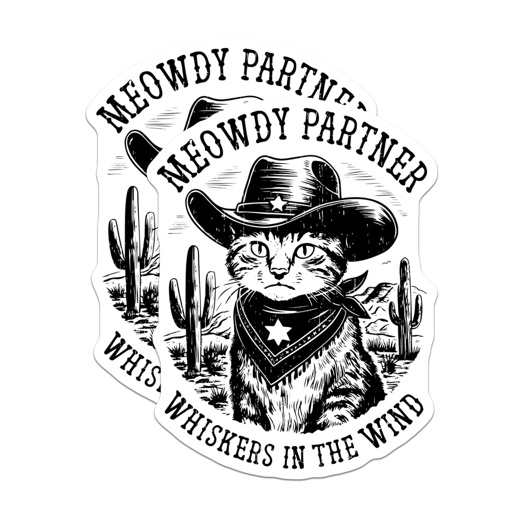 (2 Pack) Cowboy Cat Stickers - Funny Cat Stickers - Western Cat Sticker - 5" On Longest Side - Sticks to Any Smooth Flat Surface - Made in USA - BMCS3436