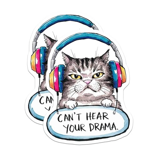 (2 Pack) Cat with Headphones Magnets Magnets - Funny Cat Quote - Can't Hear Your Drama - 5" On Longest Side - Made in USA - Sticks to Refrigerators & Metal Surfaces - MAG8481