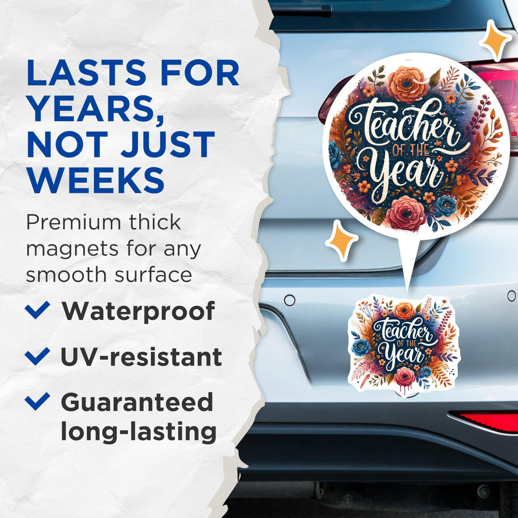 (2 Pack) Teacher of The Year Magnets - Floral Appreciation - Classroom - 5" On Longest Side - for Cars, Fridges, Toolboxes - Made in USA - MAG4423