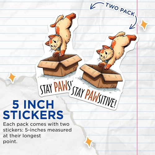 (2 Pack) Stay Pawsitive Cat Stickers - Cute Cat Stickers - Positive Affirmation Stickers for Animal Lovers - 5" On Longest Side - Sticks to Any Smooth Flat Surface - Made in USA - BMCS3130