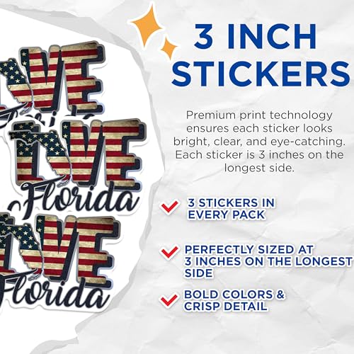 (3 Pack) Love Florida Decals - American Flag Decal - Laptop Decal - 3 Inches On Longest Side - Easy Peel & Apply - Made in USA - 3MCS0300