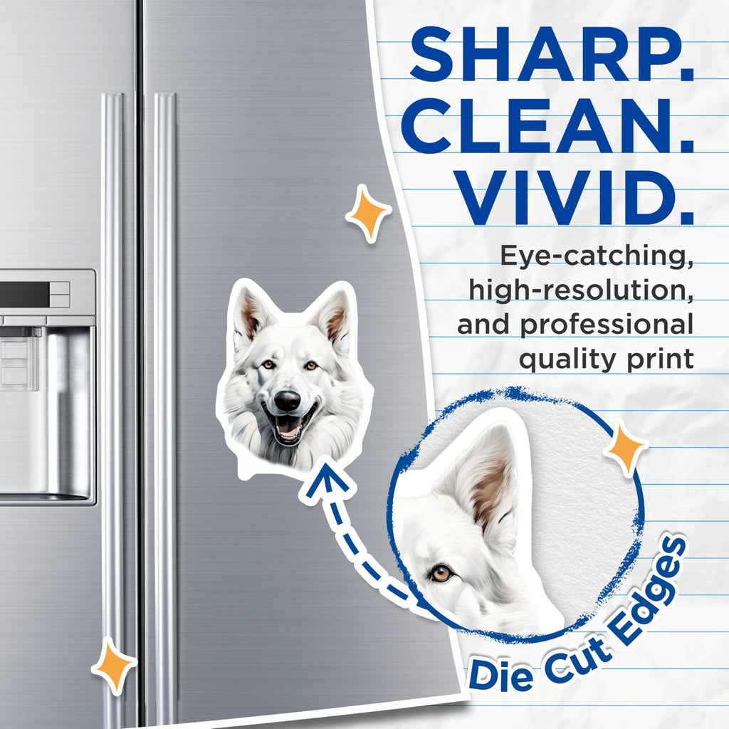 (2 Pack) White German Shepherd Magnets - Dog Breed Lover - Happy Pet Portrait - Refrigerator Decor - 5 Inches On Longest Side - Thick Durable Magnet - Made in USA - MAG29999