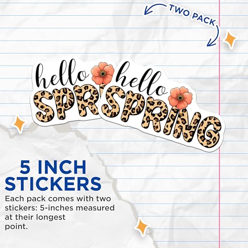 (2 Pack) Hello Spring Stickers - Leopard Print Flower Decal - Seasonal Greeting - 5" On Longest Side - Sticks to Smooth Flat Surfaces - Made in USA - BMCS8008
