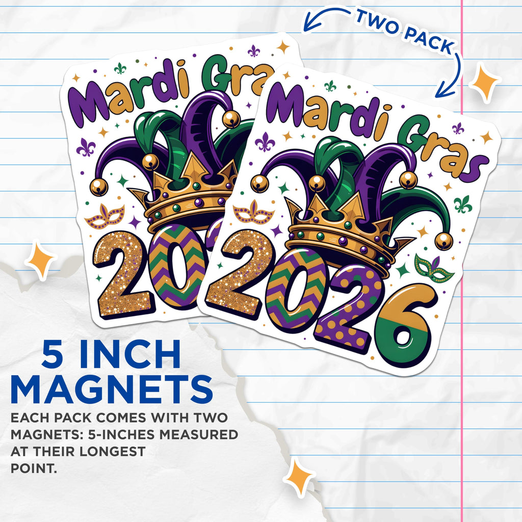 (2 Pack) Mardi Gras 2026 Magnets - Jester Hat Crown - Carnival Decorations - 5" On Longest Side - Premium Magnet - for Cars, Refrigerators, Toolboxes, Lockers - Made in USA - MAG16195