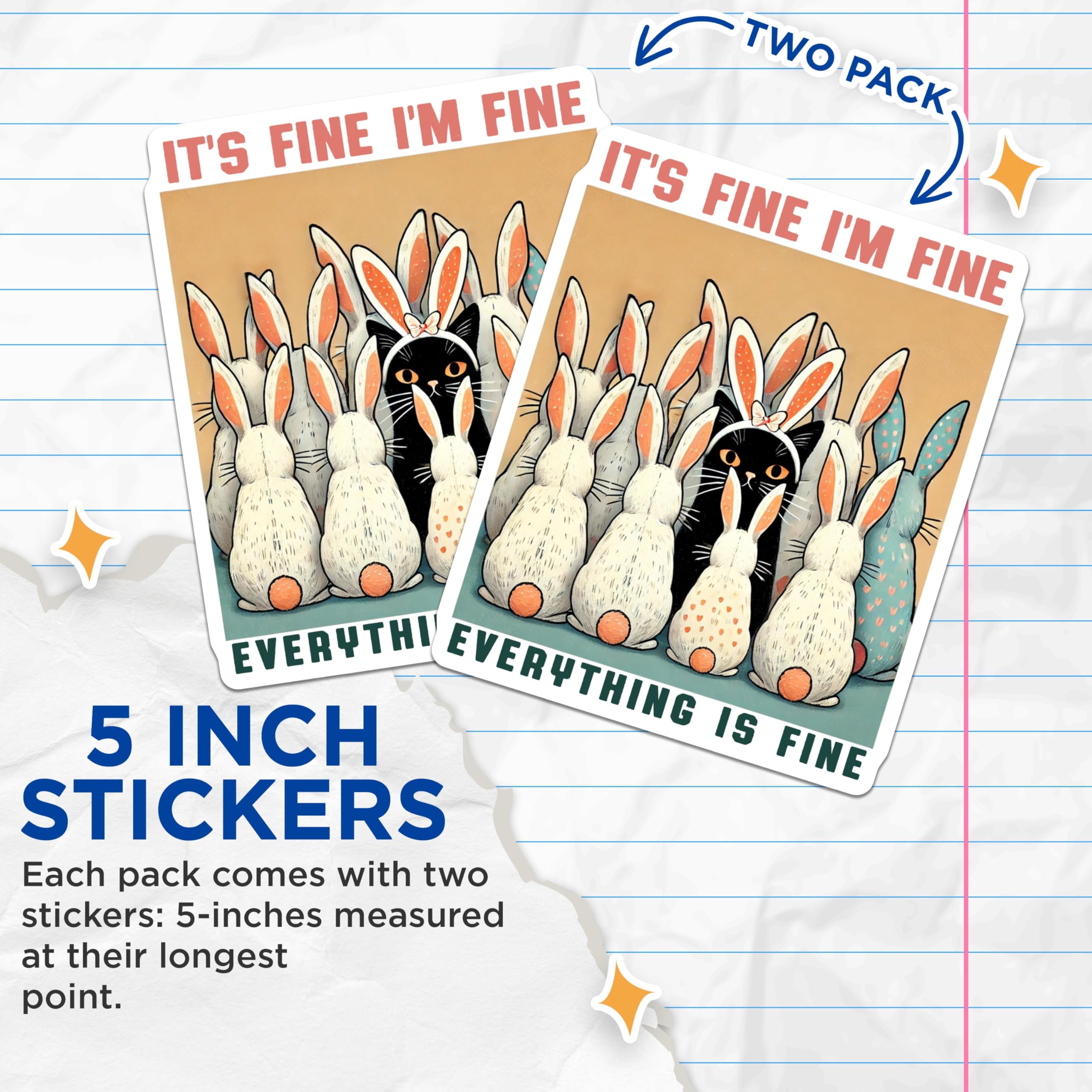 (2 Pack) Cat in Bunny Crowd Stickers - Funny Black Cat - Quirky Animal Art - 5" On Longest Side - Sticks to Smooth Flat Surfaces - Made in USA - BMCS6690