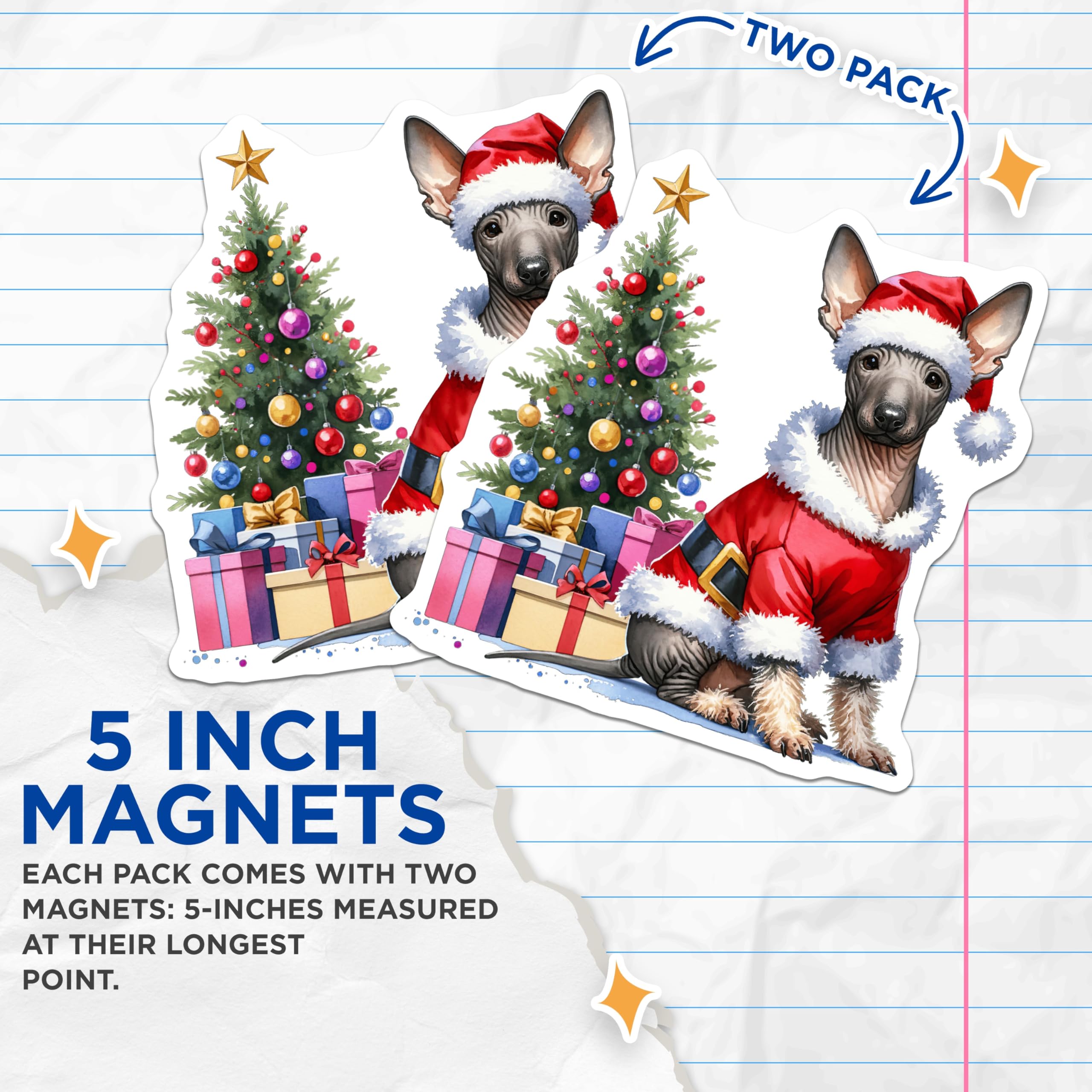 (2 Pack) Xoloitzcuintli Christmas Dogs Magnets - Santa Xolo Decor - Holiday Pet Lovers - 5 Inches On Longest Side - Thick Durable Magnet - Made in USA - MAG26042