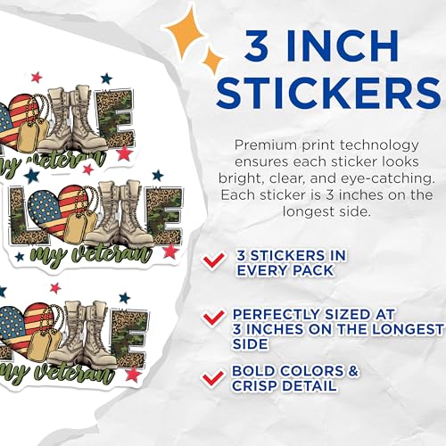 (3 Pack) Veteran Decals - Love My Veteran - Military Boots - Patriotic Decal - 3 Inches On Longest Side - Easy Peel & Apply - Made in USA - 3MCS7124