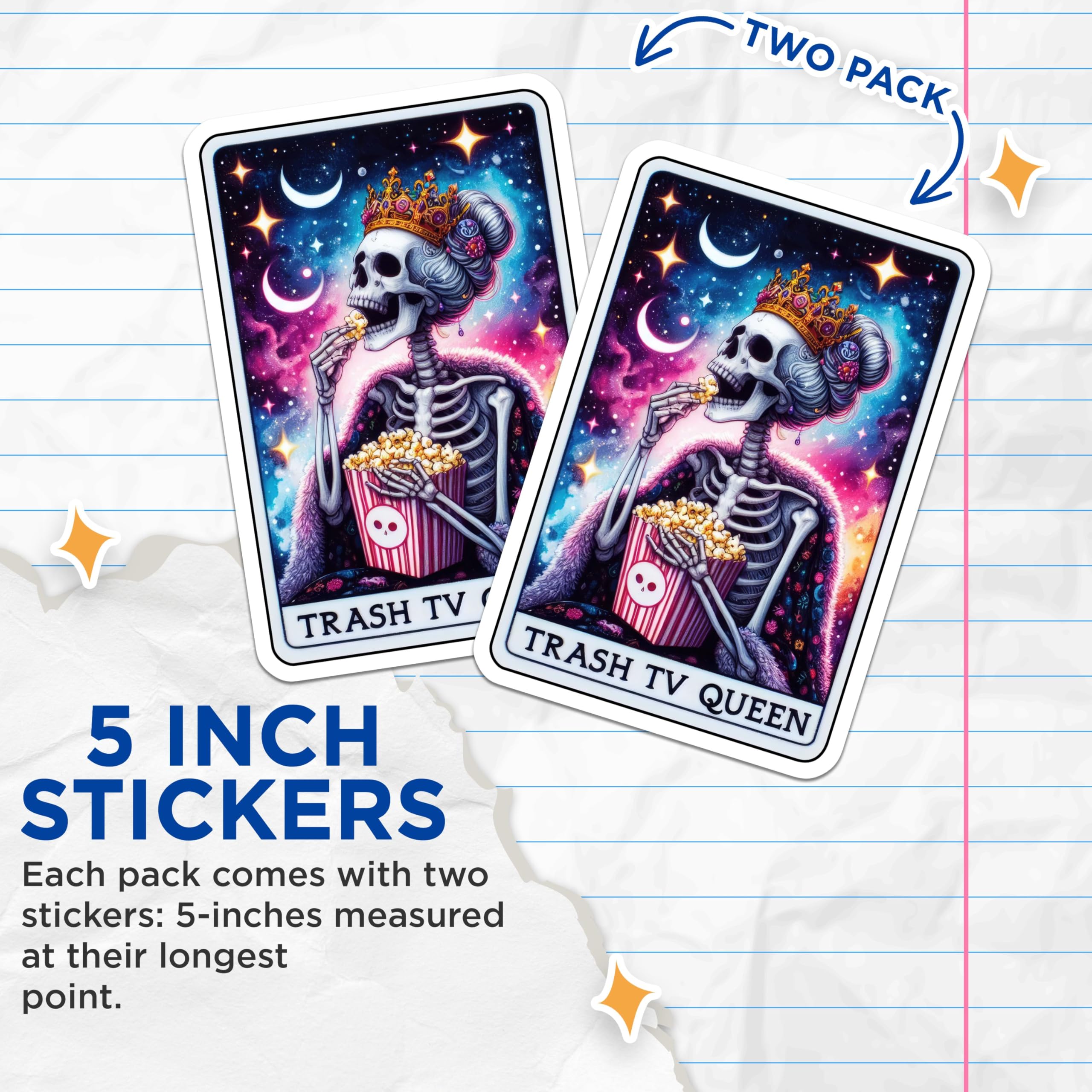(2 Pack) Trash TV Queen Stickers - Funny Skeleton Art - Pop Culture Decal - 5" On Longest Side - Sticks to Smooth Flat Surfaces - Made in USA - BMCS5524