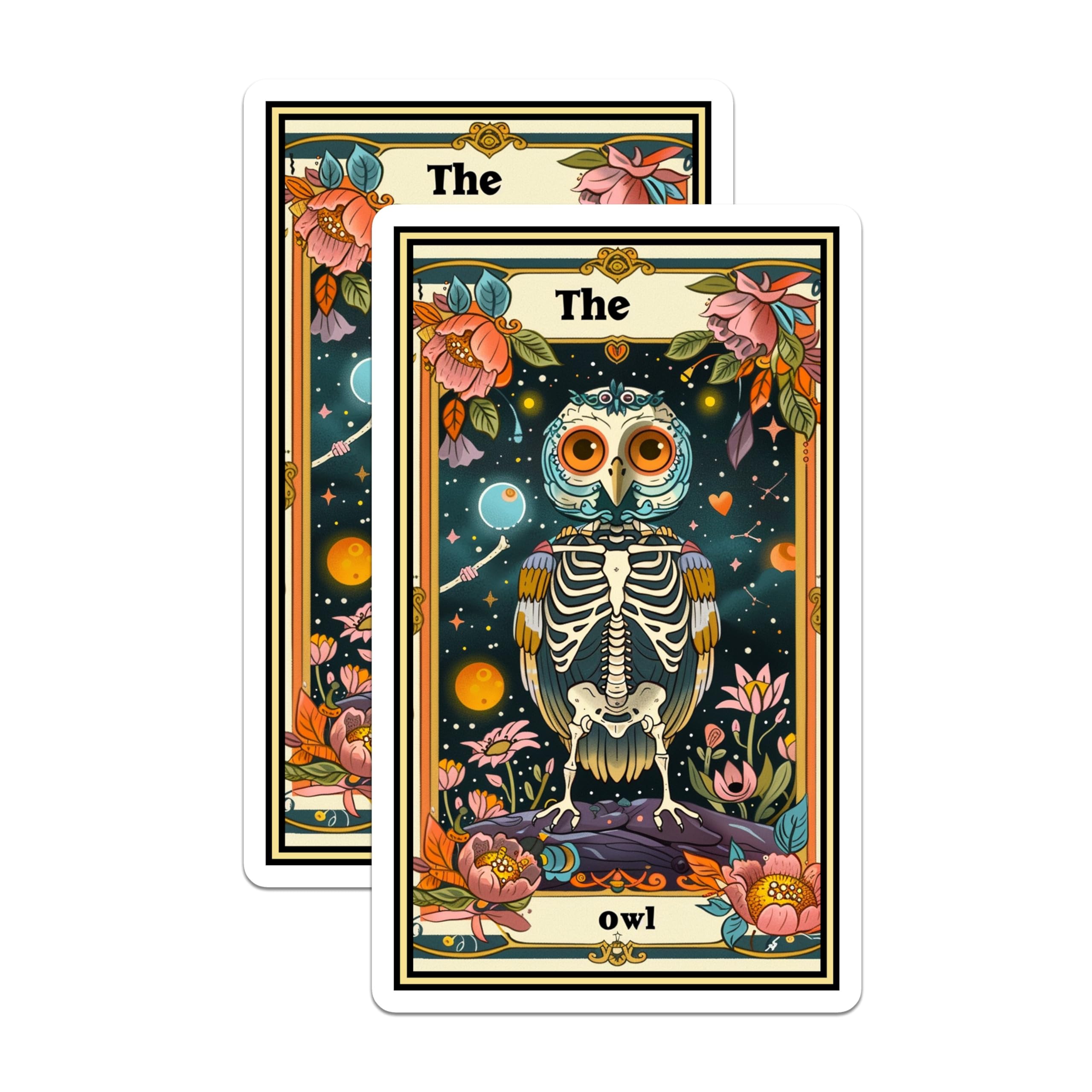 (2 Pack) Skeleton Owl Stickers - Flower Moon Stickers - Tarot Card Stickers - 5" On Longest Side - Sticks to Smooth Flat Surfaces - Made in USA - BMCS3634